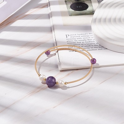 Natural Amethyst & Pearl Round Beaded Bangle BJEW-JB08464-03-1