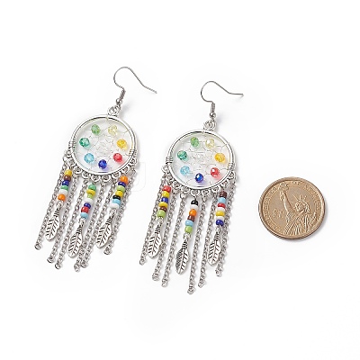 Alloy Woven Net/Web with Feather Chandelier Earrings with Glass Beaded EJEW-TA00159-1