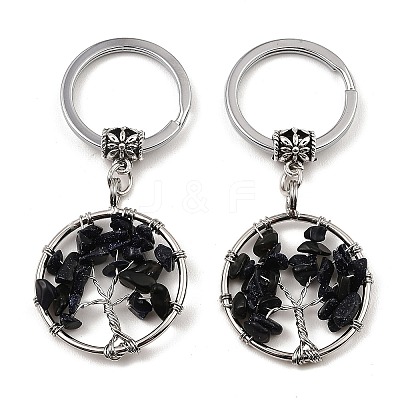 Synthetic Blue Goldstone Flat Round with Tree of Life Pendant Keychain KEYC-E023-03X-1