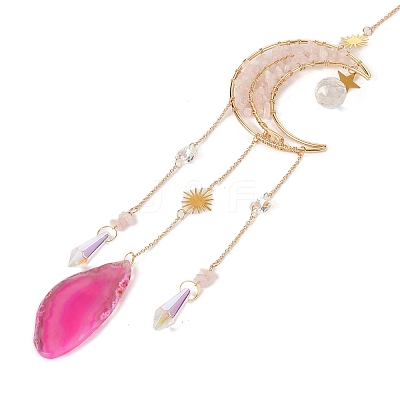 Wire Wrapped Natural Rose Quartz Moon with Tree of Life Pendant Decorations HJEW-K046-07G-05-1