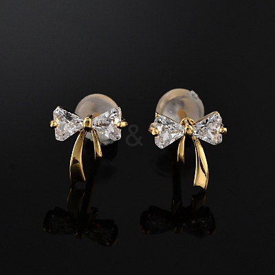 Bowkont Brass Micro Pave Clear Cubic Zirconia Stud Earrings EJEW-B131-03G-1