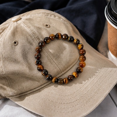 8MM Round Natural Tiger Eye Beaded Stretch Bracelets for Men GW6594-1