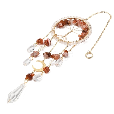 Wire Wrapped Natural Red Agate Chip Tree of Life Window Hanging Prism Ornaments HJEW-TA00283-02-1