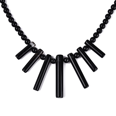 Natural Black Onyx Round Beaded Fan Bib Necklaces NJEW-N064-04A-1