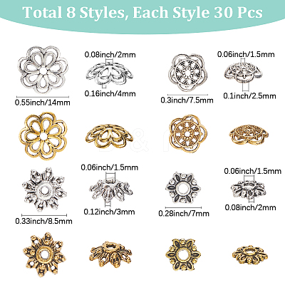 240Pcs 8 Styles Flower Tibetan Style Alloy Bead Caps FIND-SC0016-06-1