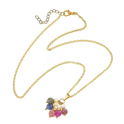 Natural Multicolor Tourmaline Dice Tassel Pendant Brass Cable Chain Necklaces with Natural Pearl for Women NJEW-JN06472-1