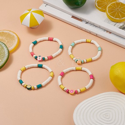 4Pcs 4 Style Handmade Polymer Clay Heishi Stretch Bracelets Set BJEW-TA00237-1
