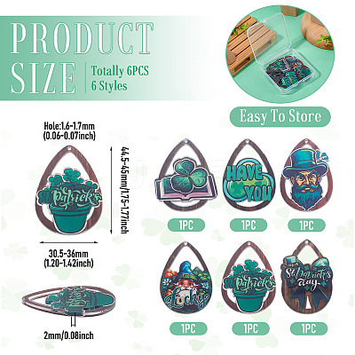 6Pcs 6 Styles Printed Acrylic Pendants OACR-TA0005-06-1