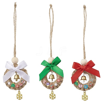 3Pcs Christmas Wood & Polyester Bowknot Pendant Decorations HJEW-JM04193-1
