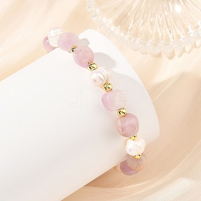 Natural Kunzite Nuggets and Potato Natural Cultured Freshwater Pearl Beaded Bracelets BJEW-JB14388-1