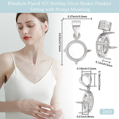 2Pcs Rhodium Plated 925 Sterling Silver Basket Pendant Settings STER-BBC0008-80-1