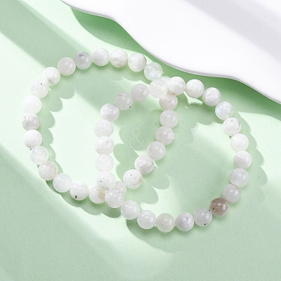 Natural Moonstone Round Beaded Stretch Bracelets for Men Women BJEW-G743-01G-1