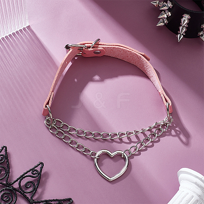 2Pcs Alloy Heart Link PU Leather Punk Choker Necklaces for Women NJEW-UN0001-70B-1