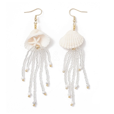 304 Stainless Steel Dyed Synthetic Turquoise & Natural Howlite & Glass Seed Beaded Jellyfish Dangle Earrings EJEW-MZ00529-01-1