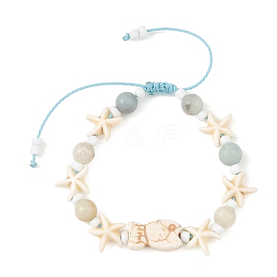 Ocean Synthetic Turquoise Fish Starfish and Natural Flower Amazonite Round Braided Bead Bracelets BJEW-JB14477-1