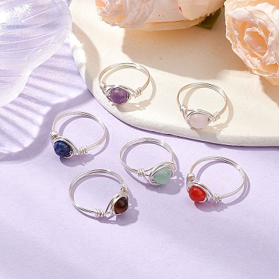 Round Natural Amethyst/Green Aventurine/Carnelian/Rose Quartz/Tiger Eye/Lapis Lazuli Braided Finger Ring RJEW-JR00743-01-1