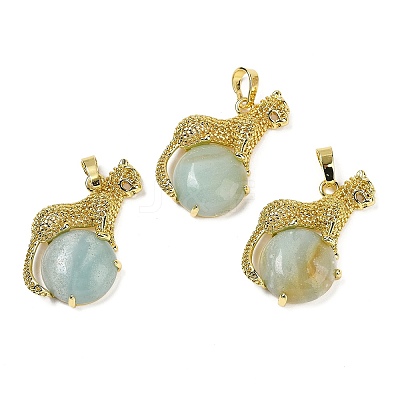 Natural Flower Amazonite Ball with Leopard Shape Brass Pendants KK-F887-04G-30-1