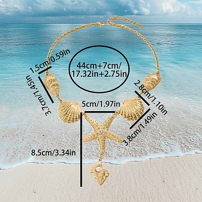 Summer Beach Alloy Crystal Rhinestone Shell Shape Starfish Pendant Necklaces for Women FS-WGE00B6-01-1
