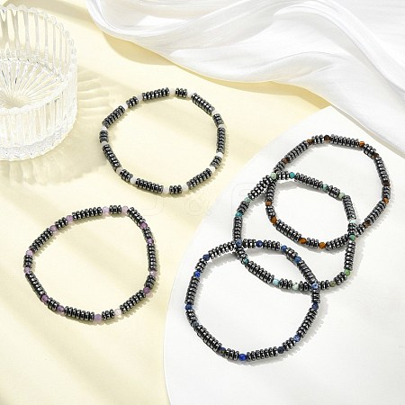 Disc & Round Grade AA Non-magnetic Synthetic Hematite & Natural Gemstone Beads Stretch Bracelets for Women Men BJEW-JB13809-1