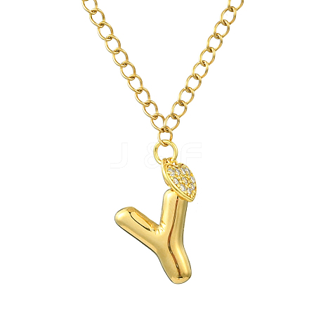 304 Stainless Steel Clear Cubic Zirconia Heart & Letter Pendant Curb Chain Necklaces for Women NJEW-FS00012-27Y-1