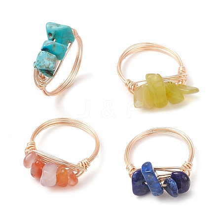 4Pcs 4 Style Natural & Synthetic Mixed Gemstone Chips Braided Bead Finger Rings RJEW-TA00111-1