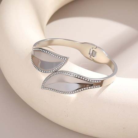 304 Stainless Steel Crystal Rhinestone Leaf Open Hinged Cuff Bangles for Women SA-CBA48C7-01P-1