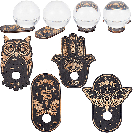 CREATCABIN 4Pcs 4 Style Moth/Hamsa Hand/Owl Wooden Crystal Sphere Display Stands DJEW-CN0001-27-1