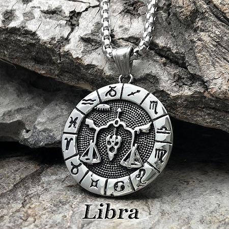 Flat Round with Engraved Twelve Constellation Alloy Pendant Necklace for Women Men WG25F4B-02-1