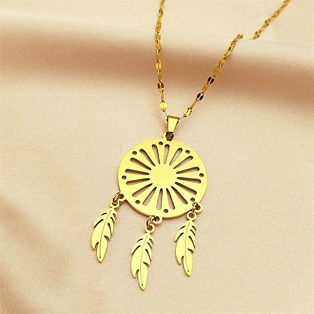 Woven Net/Web with Feather 304 Stainless Steel Boho Pendant Necklaces for Women NJEW-G087-05G-1