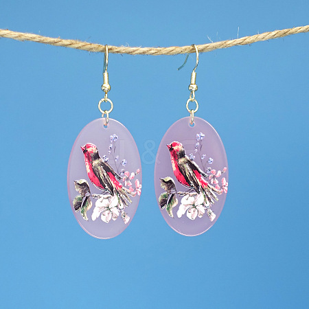 Oval with Bird Pattern Acrylic Dangle Earrings FS-WG54A2C-04-1