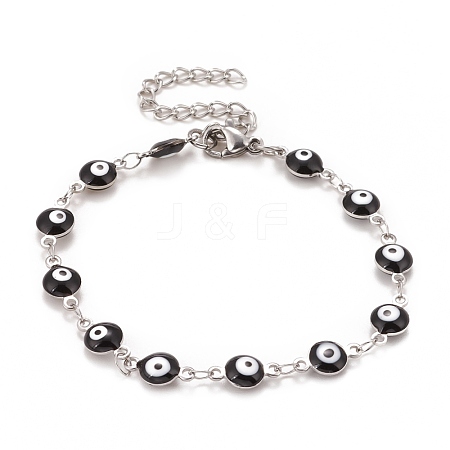 Enamel Oval with Evil Eye Link Chains Bracelet BJEW-P271-04P-03-1