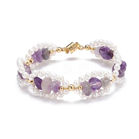 Natural Amethyst Chip & Shell Pearl Beaded Bracelet BJEW-TA00029-01-1