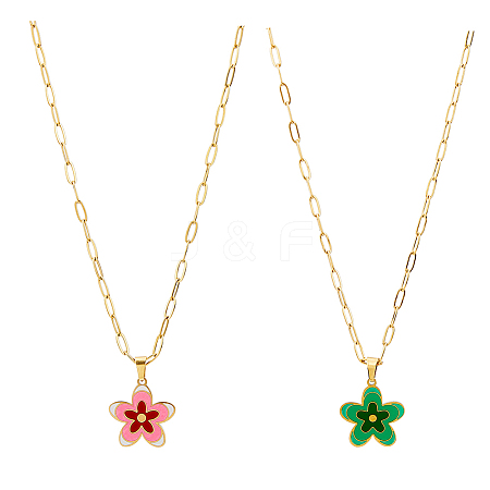 FIBLOOM 2Pcs 2 Colors Rack Plating Real 18K Gold Plated Titanium Steel Flower Pendant Necklaces Set with Paperclip Chains for Women NJEW-FI0001-56-1