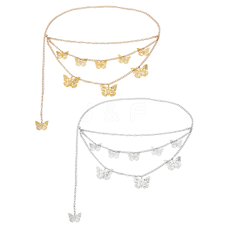 2Pcs 2 Colors  Aluminum Butterfly Tassel 3 Layered Waist Body Chains for Women Girls AJEW-HS0001-17-1
