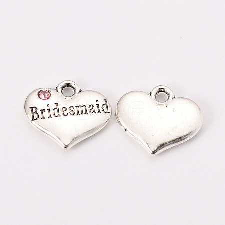 Wedding Theme Antique Silver Tone Tibetan Style Heart with Bridesmaid Rhinestone Charms TIBEP-N005-04D-1