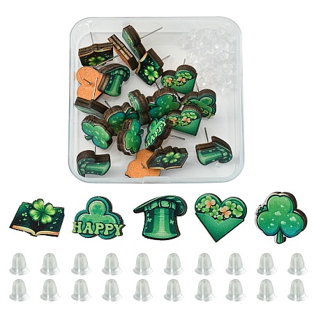 20Pcs 5 Style Saint Patrick's Day Green Wood Stud Earrings EJEW-FS0001-11-1