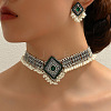 Rhombus Alloy Rhinestone Choker Necklace & Earrings Sets for Women FS-WGAB840-02-1