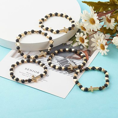 Cross Cubic Zirconia Beads Stretch Bracelet BJEW-JB07198-1