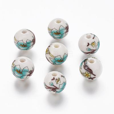 Floral Printed Porcelain Beads X-PORC-Q199-12mm-17-1