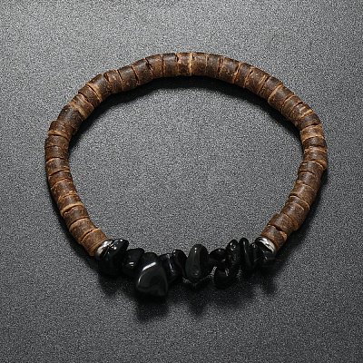 Natural Obsidian Chips & Coconut Disc Beaded Stretch Bracelets PW-WG68238-03-1