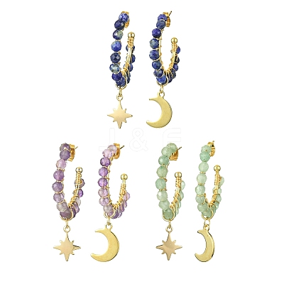 3 Pairs 3 Style Natural Mixed Gemstone Beaded Half Hoop Earrings EJEW-TA00322-1