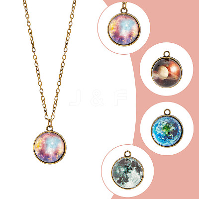 4Pcs 4 Style Luminous Glass Round Planet Pendant Necklaces Set NJEW-FI0001-02-1