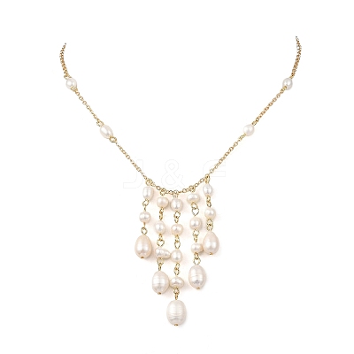 Brass Natural Pearl Rice Beads Tassel Pendant Necklaces NJEW-TA00254-1