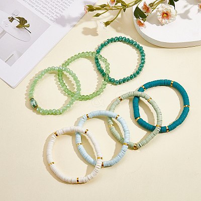 7Pcs 7 Style Handmade Polymer Clay Heishi Surfer Stretch Bracelets Set BJEW-SW00073-03-1