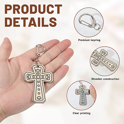36Pcs 12 Styles Unfinished Wood Cross Keychain DIY-GL0006-34-1