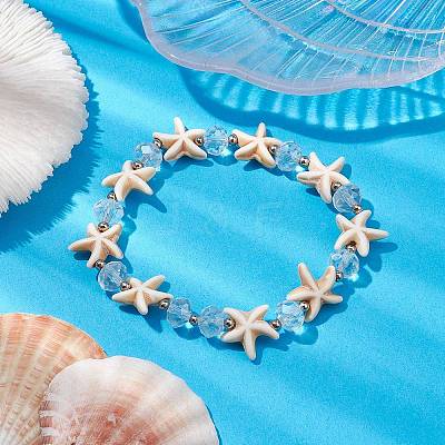 Summer Beach Starfish Dyed Synthetic Turquoise & Faceted Glass Beaded Stretch Bracelets for Women Men BJEW-JB10454-01-1