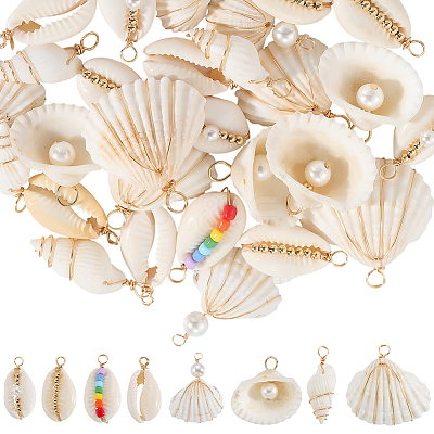 32Pcs 8 Styles Natural Mixed Shell Copper Wire Wrapped Pendants FIND-SC0015-47-1
