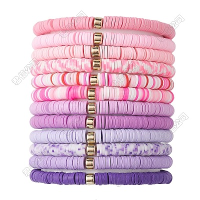 12Pcs 12 Colors Handmade Polymer Clay Heishi Beads Stretch Bracelet Set for Women BJEW-JB09548-S-1