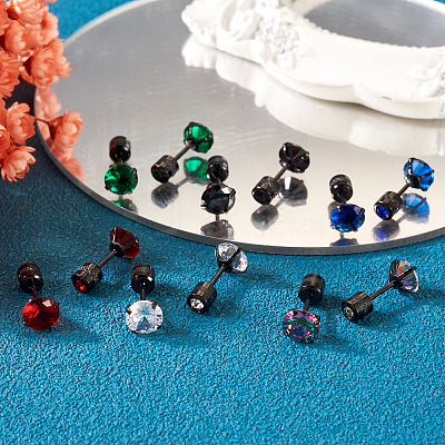 12Pcs 6 Colors Cubic Zirconia Diamond Stud Earrings EJEW-TA0001-09-1