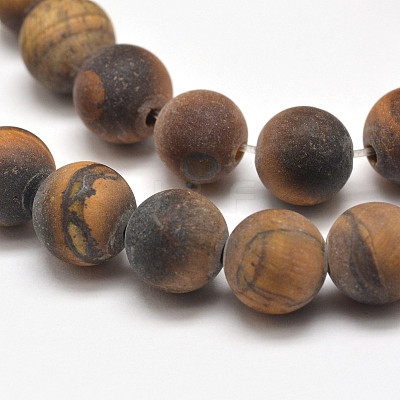 Frosted Natural Tiger Eye Round Bead Strands G-E262-02-12mm-1